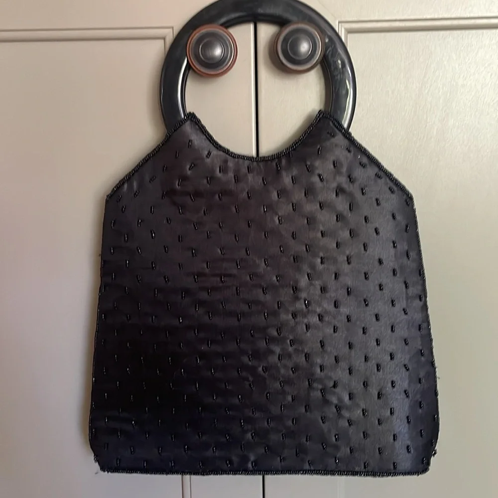 Beaded Floral Black Hobo Bag with Round Handles